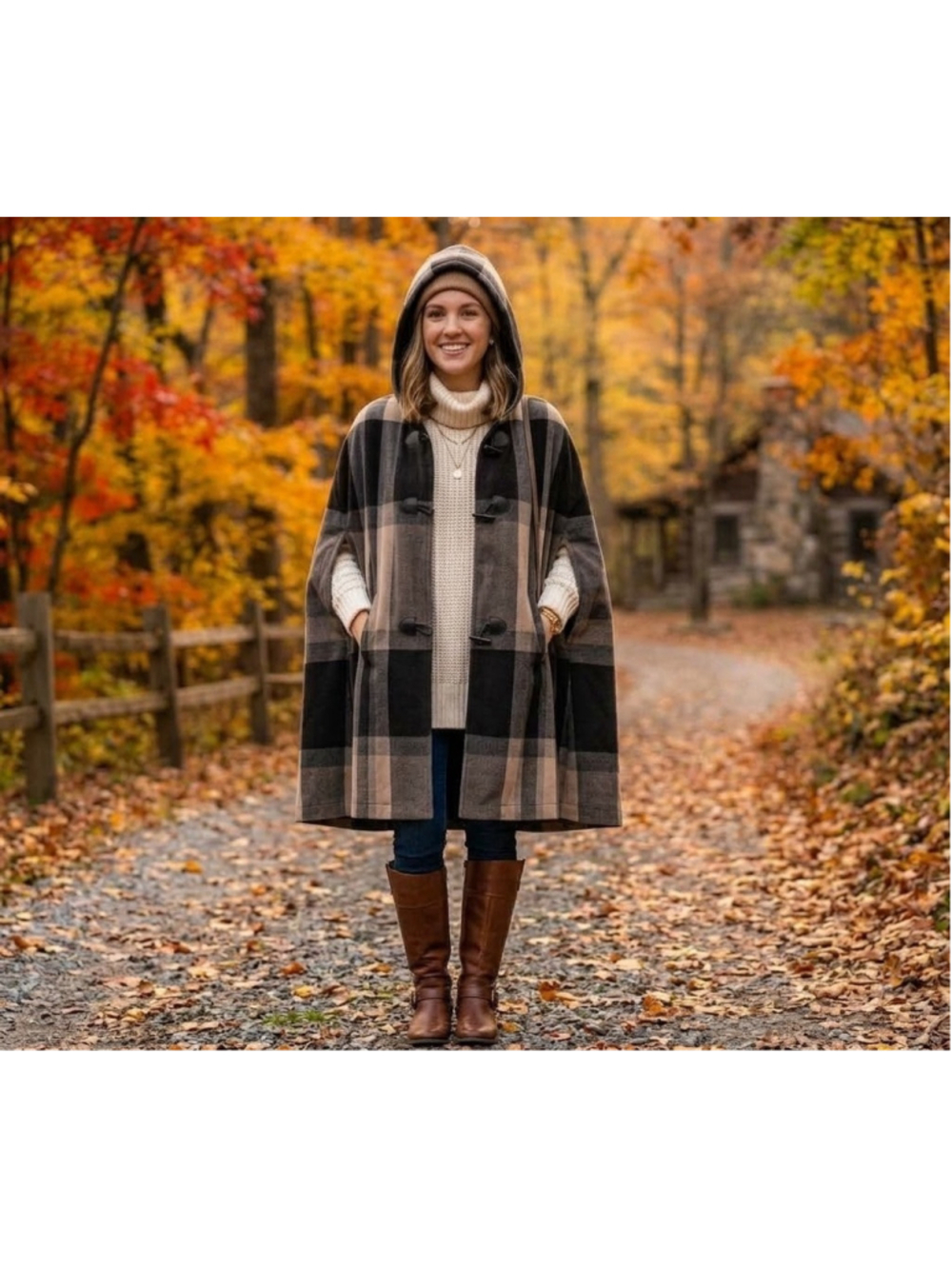 RACHEL Rachel Roy Plaid Fleece Hooded Poncho Cape Coat Toggle OSFM Gray Black